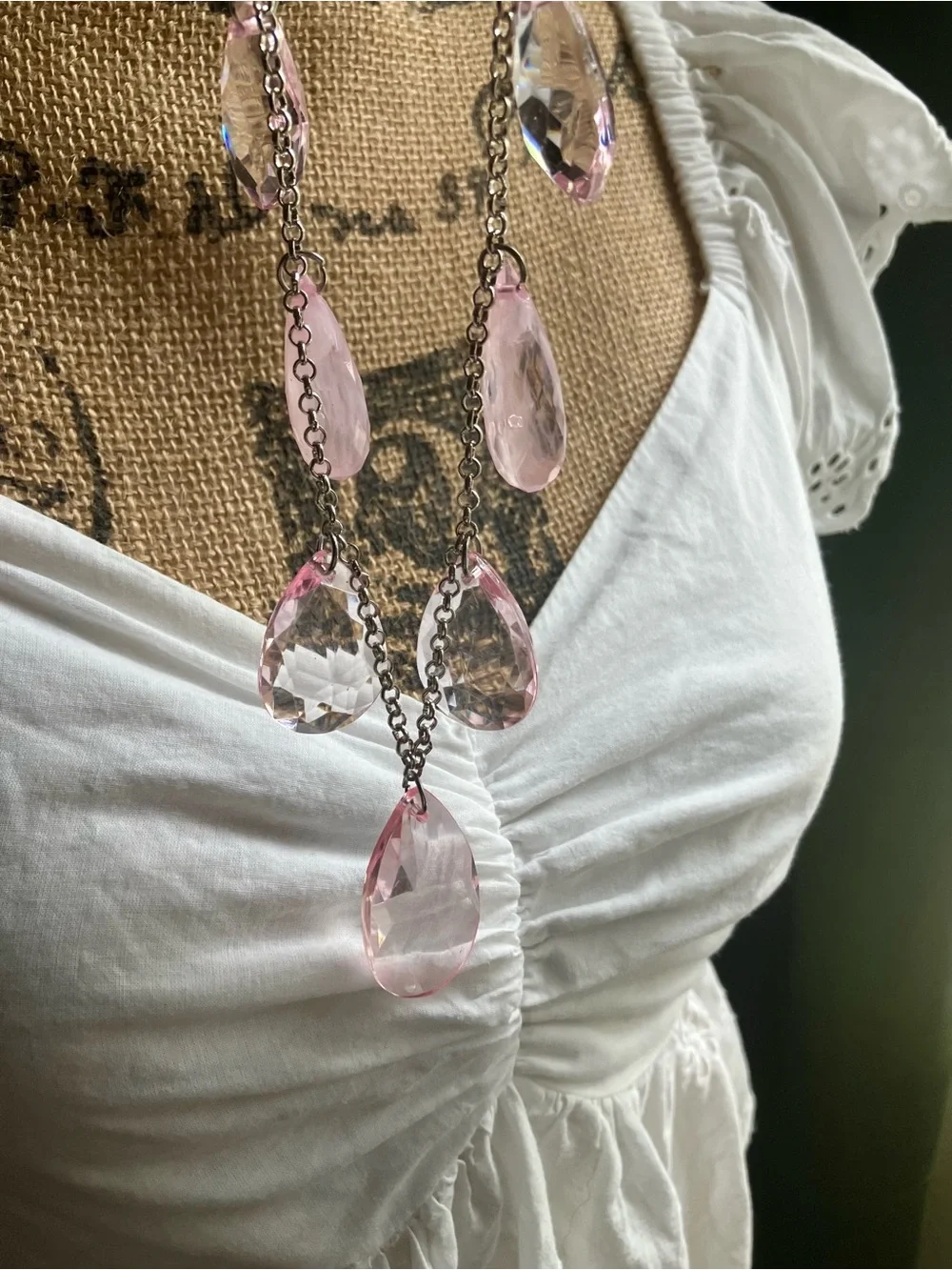 💕Long pink clear rhinestone necklace